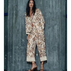 Zara Womens Trouser Pants M Multicolor Floral Guipure High Waist 3564/285 NWT